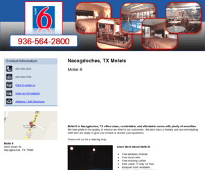 motel6nacogdoches.com: Motels Nacogdoches, TX - Motel 6 936-564-2800
Motel 6 provides clean, comfortable, and affordable rooms with plenty of amenities to Nacogdoches, TX. Call 936-564-2800 for more information.