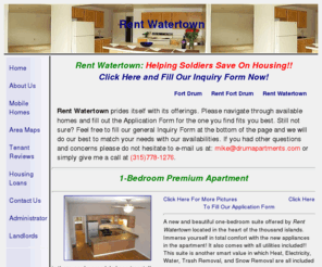 rentinwatertown.net: Rent Watertown
Here at Rent Watertown you'll Find Apartments in Fort Drum and Watertown areas. Rent Watertown will guide you to the best places and accommodations in Fort Drum and Watertown areas. Whether you are enrolled in the military or not Rent Watertown will suite your needs and much more