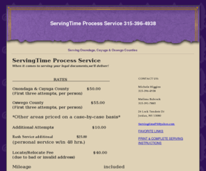 servingtimeps.com: Serving Onondaga, Cayuga & Oswego Counties
When you need professional, prompt and accurate service, ServingTime Process Service will deliver!