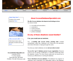 accessdatabasespecialist.com: AccessDatabaseSpecialist.com - providing Microsoft Access
Development, Training, Optimization, VBA, Excel to Access Converstion - 770.498.7333
We provide affordable Access development, training and VBA services.