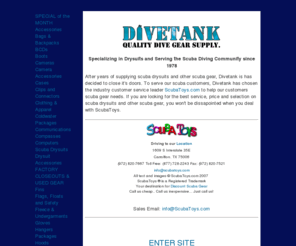 divetank.net: Scuba Drysuits, Scuba Wetsuits, Drysuits, Dui Drysuits Bare Drysuits and more.
Scuba Drysuits have been the Divetank speciality.  We are now directing our scuba drysuit customers to Scuba Toys for their dive equipment needs.