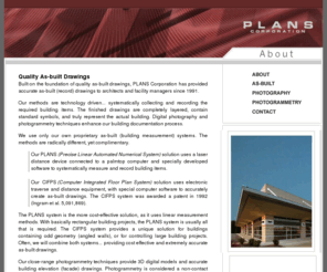 planscorp.com: PLANS Corporation
PLANS Corporation. Providing accurate as-built (record) drawings to architects and facility managers since 1991. Drawings are supplemented with documentary photography and architectural photogrammetry (facade).