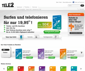 tele2.de: Tele2 Deutschland
Mit der DSL-Flat von Tele2 und einem DSL-Anschluss zum Festpreis im Internet surfen und zum günstigen Minutenpreis ins deutsche Festnetz telefonieren: Die DSL-Flat Surf ist ein Preis-Leistungs-Highlight im deutschen DSL-Markt.