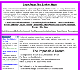 lovefromtheheart.com: Broken Heart, Love, and Inspirational Poems
Huge collection of author submitted love, broken heart, inspirational, poems of hope, and relationship poems.