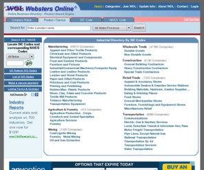 webdir.net: Websters Online. Search by SIC Codes, NAICS Codes, Products
A B2B Manufacturers Business Directory Searchable by SIC Codes, NAICS Codes, Trademarks and by Brand Names for over 1,000,000 Products and Services.