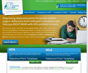 referencepointsoftware.com: Reference Point Software Templates for APA & MLA styles
APA citations, MLA citations, APA bibliography, APA references, MLA works cited, MLA style format template makes typing papers in APA format and MLA format a snap