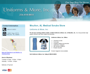 uniformsandmore-decatur.com: Cherokee Medical Scrubs Shop Moulton, AL | Uniforms & More, Inc.
Uniforms & More, Inc. provides high quality cherokee medical uniforms to the Moulton, AL area. Scrubs magazine now available. Call 256-410-8031.