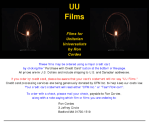 uufilms.com: UU Films
UU Films - Films for Unitarian Universalists by Ron Cordes.