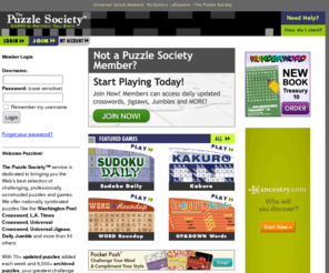 crosswordcafe.com: The Puzzle Society  Crosswords, Jumbles, Sudoku, Jigsaws and challenging puzzles
Play interactive and print versions of crosswords, jigsaws, trivia, Jumble and Sudoku plus other puzzles and games. Games update daily and there are over 8,000 puzzles in the online archive.