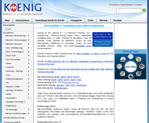 koenig-solutions.de: Microsoft Schulung | Cisco Kurs | Oracle Schulung | MCSE Schulung
Koenig bietet ein breites Spektrum an Kursen und Zertifizierungen von Microsoft, Cisco, Oracle, CompTIA, Sun, Check Point, EC-Council, Novell und CWNP. Unsere Preise liegen bei 50 % der Gebhren fr vergleichbare Trainingsangebote in Europa und den USA.