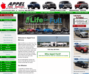 lagrangecoche.com: Appel Ford Mercury Home Page
Appel Ford Mercury, a full service New and Used Car Ford Dealer in Brenham, Texas