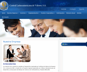 latinclear.net: Latin Clear Central Latinoamericana de Valores
Latin Clear es una empresa privada, de tenencia pública, cuyos principales accionistas son las Casas de Bolsa y está debidamente autorizada para operar como una central de custodia, compensación y liquidación de valores mediante Resolución No. CNV-68-97 del 23 de julio de 1997, emitida por la Comisión Nacional de Valores.