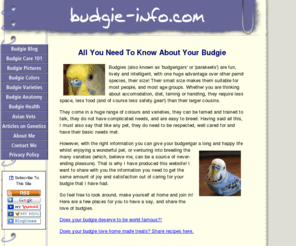 budgie-info.com: Budgie - info.com  - everything you need to know about your budgerigar
Whether you have a single pet budgie or an aviary full, here you will find helpful advice to keep them happy and healthy, and useful information on topics including breeding, genetics, diet, health...