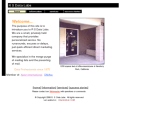 rsdatalabs.com: R S Data Labs, The Merge/Purge Specialists
We specialize in Direct Mail Data Processing.