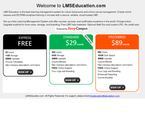 lmseducation.com: LMSEducation.com - Free Online Course Management and Hosted Virtual Training
Create free virtual classrooms and online courses at LMSEducation.com. Free LMS for 25 users. Instant set up and
one-click upgrades.