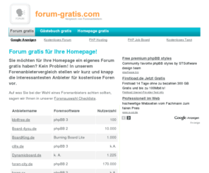 kostenloses-forum.org: Forum gratis für Ihre Webseite!
forum-gratis.com bietet mit einem Forenanbietervergleich einen Überblick über die kostenlosen Forenanbieter für Ihre Homepage.