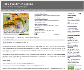 rubytuesdayscoupons.org: Ruby Tuesdays Coupons
Free Ruby Tuesday Coupons, information on obtaining free Ruby Tuesday Coupons