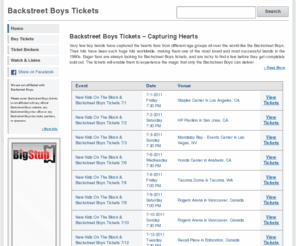 backstreetboystickets.net: Backstreet Boys Tickets - BackstreetBoysTickets.net
Find deals on Backstreet Boys tickets! BackstreetBoysTickets.net is the best source for Backstreet Boys concerts, tour dates, cheap tickets, premium tickets, ticket auctions, music, videos, news, and more.