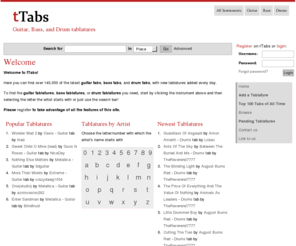 ttabs.com: Home: guitar tabs, bass tabs, and drum tabs - tTabs
Over 150,000 free, top-quality guitar tabs, bass tabs, and drum tabs at the world's premier tablatures site