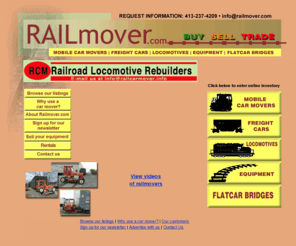 railmover.info: Railmovers for sale or rent
Railroad car movers for sale, rent or lease. Choose from railcar moving machines like Trackmobile, Rail Car Mover, Shuttlewagon and Railking for moving rail cars and machines. Buy or sell