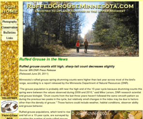 ruffedgrouseminnesota.com: Ruffed Grouse Minnesota
Conservation organization chapter in Minneapolis-St. Paul Twin Cities area, Minnesota dedicated to improving the environment for Ruffed Grouse, American Woodcock, and other forest wildlife. Devoted to upland hunting in the Upper Midwest.