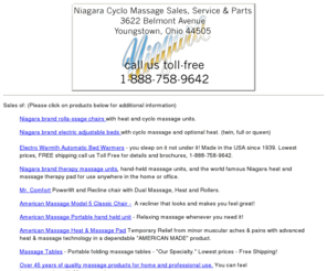 niagaratherapyproducts.com: Niagara Cyclo Massage sales, service and parts
Niagara cyclo massage sales of niagara brand chairs, beds and portable massage units, repair service and parts