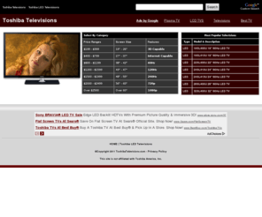 toshibatelevisions.com: Toshiba Televisions - Featuring Toshiba Televisions including Reviews and Information - Home
Find Toshiba Televisions, Toshiba Plasma Televisions, Toshiba Projectors, Toshiba TV, DLP projectors and also Learn about DLP Technology.
