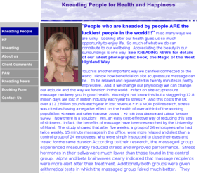 kneadingpeople.co.uk: On site acupressure massage for corporate health
on site acupressure massage to relax and rejuvenate.  Stress management.
Kneading People company for workplace and office massage.Promotes energy and productivity.  helps repetitive strain injuries,