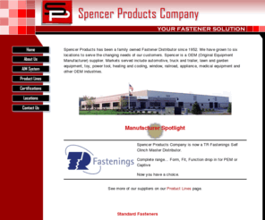 spencerprodco.com: Spencer Pro POP Rivets | Fastex | ITW Fastex | Fastener Company | Blind Rivet | Emhart Teknologies | Budwig Molded Products | Fastener Distributor | Spencer Products Company | Disc Lock | Disc-Lock | Spencer Pro | Fasteners
Spencer Products Company is a family-owned Fastener Distributor serving the automotive, truck and trailer, lawn and garden, toy, power tool, heating and cooling, window, railroad, appliance, medical equipment and other OEM industries from our six locations.