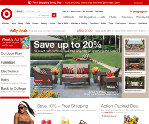 targetstrores.com: Target.com - Furniture, Patio, Baby, Toys, Electronics, Video Games
Shop Target and get Bullseye Free shipping when you spend $50 on over a half a million items. Shop popular categories: Furniture, Patio, Baby, Toys, Electronics, Video Games.