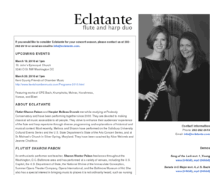 duoeclatante.com: Eclatante - Harp and Flute Duo
Melissa Tardiff Dvorak; Sharon Woster Pabon, professional, conservatory trained, distinctive repertoire from Baroque, Classical and Romantic periods.