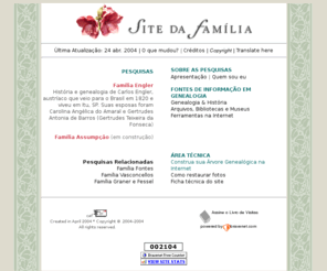 sitedafamilia.com: Site da Família
Genealogia historia das familias Engler e Assumpção e relacionadas - Fontes, Vasconcellos; guia de informação em genealogia; como construir sua arvore genealogica na Internet