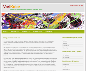 varikolor.com: vinyl paints, vinyl dyes, leather dyes, leather paints, plastic cleaners - Vari Kolor
exclusive range dyes and paints, specialty additives for paints, paint guns, air brushes, dust control products & unique accessories, vinyl dyes, vinyl paints, leather dyes, plastic dyes, plastic paints, special rubber dyes