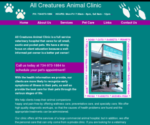 allcreaturesvet.net: All Creatures Animal Clinic - Ann Arbor Michigan
All Creatures Animal Clinic has been providing Ann Arbor, Michigan area pets with compassionate veterinary care since 1998.