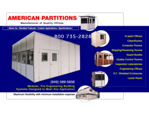 americanpartitions.com: Modular Office - Inplant Office - Prefabricated Office
Manufacturer of Prefabricated Modular Inplant Offices, Guardhouses,  Modular offices, Cleanrooms, Enviromental Rooms