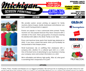 michscreenprinting.com: Affordable, quality screen printing by Michigan Screen Printing,LLC
Michigan Screen Printing, LLC is located in Macomb Township, Michigan. We offer affordable, quality screen printing for almost any size order.