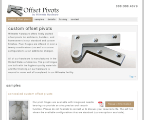 offsetpivots.com: Custom Offset Pivots
Ice Box Hinges :  Offering highly detailed ice box hardware; including ice box hinges and latches for appliance panels (sub zero, thermador, Viking, etc) as well as pantry and cabinet doors.