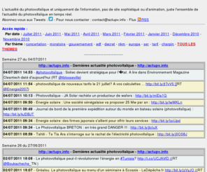 actupv.mobi: Actualité photovoltaïque : Toute l'actualité en temps réel.
Site qui affiche l'ensemble de l'actualit en temps rel sur le photovoltaque