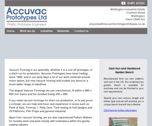 vacuumformingprototypes.co.uk: Vacuum Forming Prototypes Vacuum Formed Models Thermoforming Modelmaking
Vaccuum forming of plastics, plastic models and modelmaking, pattern making for foundry, GRP and RIM moulding. Accuvac Prototypes Ltd established since 1982