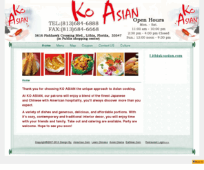 lithiakoasian.com: KO ASIAN
KO ASIAN is an Asian restaurant. It located in 5616 Fishhawk Crossing Blvd., Lithia, FL 33547. Please call 8136846888 to enjoy Asian cuisine.