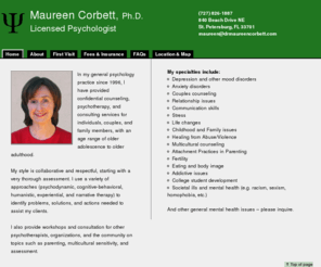 drmaureencorbett.com: Maureen Corbett, Ph.D.
Maureen Corbett, Ph.D., is a licensed counseling psychologist serving the St. Petersburg, Clearwater, and Largo areas.