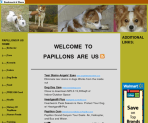 papillons-r-us.com: papillons | dog care | training | breeders | papillon sales | lap dogs | dog food | kennels | watch dogs | butterfly ears | phalene puppies | french papillons | - PAPILLONS R US  HOME
We specialize in Papillons! We share with our visitors all you need to know about Papillons: the care, behavior, health, food needs, history, colors and more!