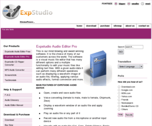 expstudio.com: Expstudio Audio Editor Pro
Free sound editing program to edit wav, mp3 or other audio files. Can be used as a music editor, for editing audio files or a quick mp3 edit. It includes sound effects like.. amplify, normalize, equaliser, envelope, reverb, echo, noise reduction, and sample rate conversion and other effects.
