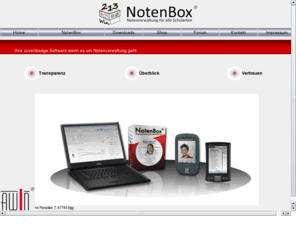 notenbox.com: AWIN-Software - NotenBox - Notenverwaltung für alle Schularten
Die NotenBox für Windows ist ein übersichtliches Notenverwaltungsprogramm, das sich auf die wesentlichen Aspekte der Arbeit mit Noten konzentriert.