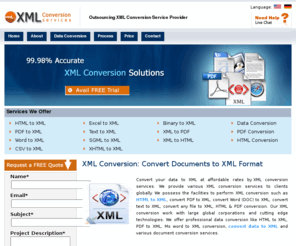 xmlconversionservices.com: XML Conversion, Convert HTML to XML, Convert PDF to XML Conversion
XML conversion services for convert documents to XML format such as convert PDF to XML, convert HTML to XML, ms word to XML, convert text to XML conversion at affordable rates.