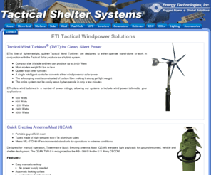 convertingwindenergy.com: Tactical Shelter Systems
Global UPS, Inverters, Battery Backup, innovative flexible, foldable, portable solar chargers for Worldwide Military Deployment- The worls most lightweight and flexible solar panels