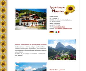 mauron-valgardena.com: Appartement Mauron - St. Christina - Gröden/Gardena - Südtirol - Italien
Urlaub in den Dolomitner Bergen - ideal für den Wanderurlaub und Skiurlaub!