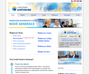 unicorn-universe.net: Unicorn Universe - Komplexní informační systém nové generace
Unicorn Universe je komplexní informační systém pro řízení firmy, který poskytujeme zákazníkům jako službu. Pro podporu konkrétních oblastí podniku existují Připravená řešení, která reprezentují výchozí nastavení a lze je rychle začít používat. 