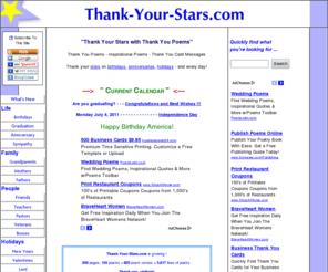 thankyourstars.com: Thank You Poems - Inspirational Poems - Words of Appreciation
Thank you poems, inspirational poems, words of appreciation, and more. Thank your stars on birthdays, anniversaries, holidays. Make every day special!