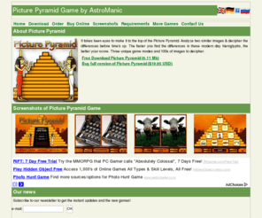picture-pyramid.com: Picture Pyramid Game by AstroManic
Picture Pyramid Game by AstroManic. The game takes keen eyes to make it to the top of the Picture Pyramid.